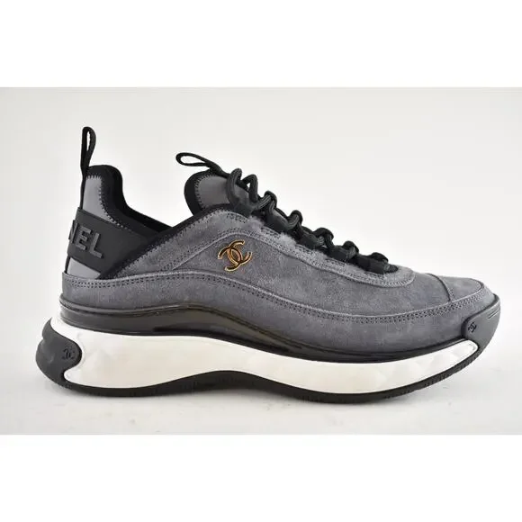 Chanel 23K Grey Suede Black White CC Logo Lace Up Low Top Trainer Sneaker 39.5 - Picture 2 of 15